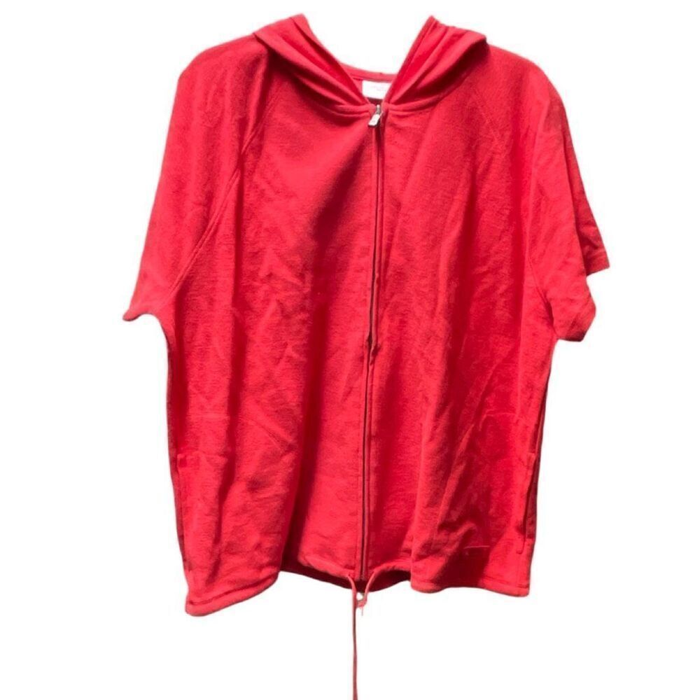 Liz Claiborne Woman size 1X red hooded zip front top short sleeves.
